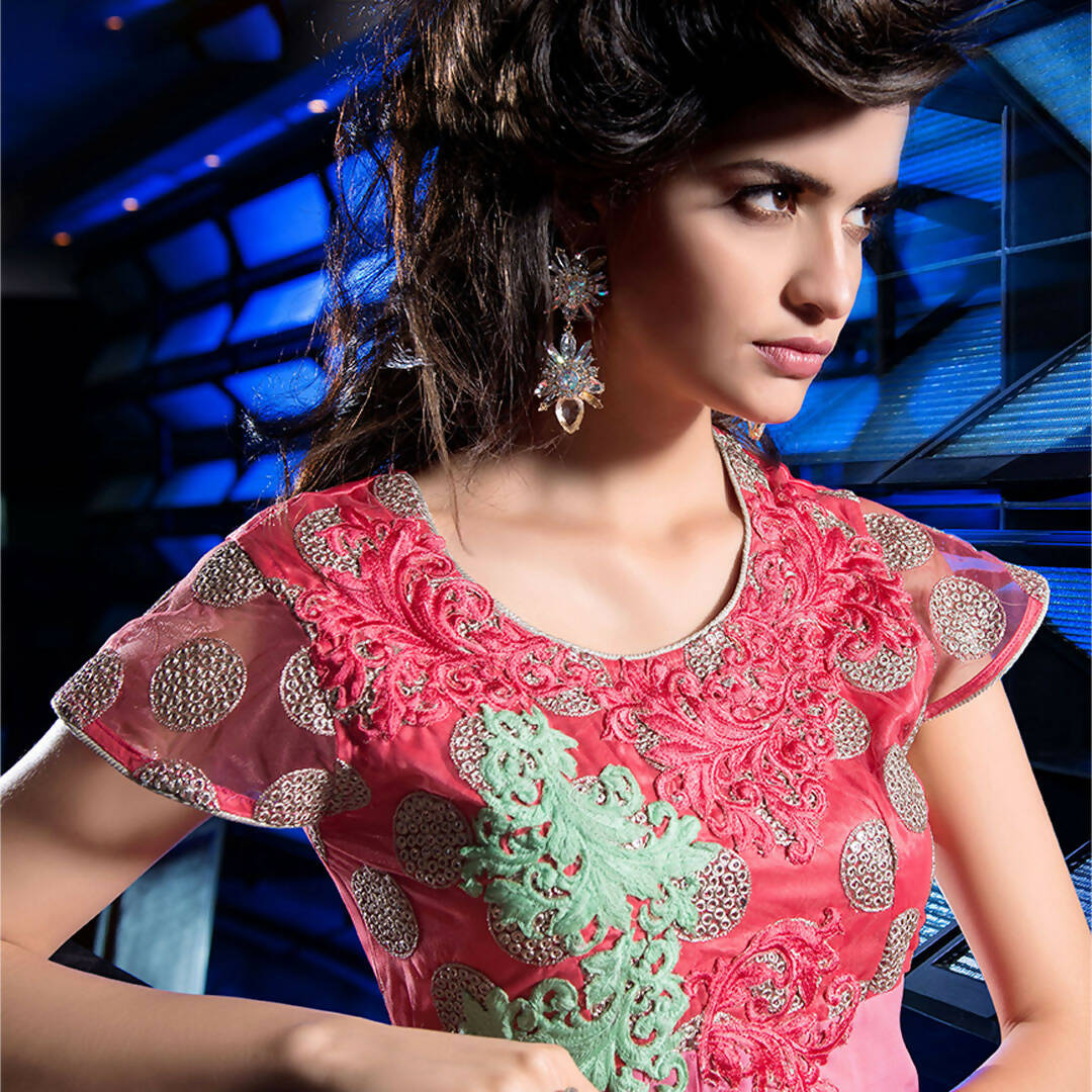 Pink Georgette Floral Embroidered A-line Kurti - Missy | Grocsy