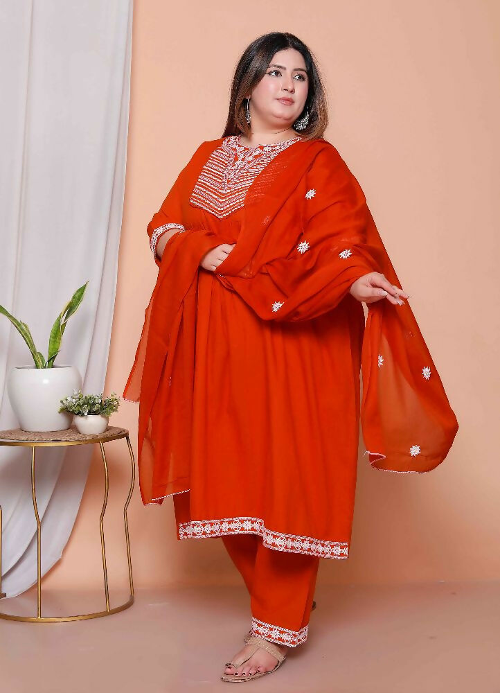 Miravan Womens Plus Size Floral Embroidered Rust Straight Cotton Kurta & Palazzo With Dupatta Set | Grocsy