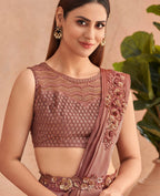 Pink Satin Embroidered Ready To Wear Saree With Unstitched Blouse Piece - Nandika | Grocsy
