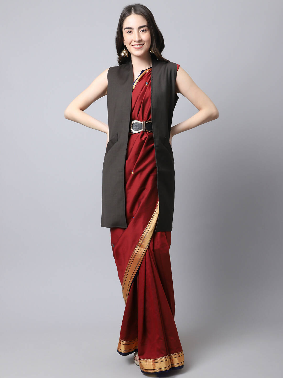 Even Apparels Brown Polywool Open Front Women's Long Coat | Grocsy
