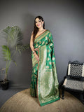 Joban Fashion Green Ethnic Floral Motifs Soft Lichi Silk Banarasi Saree | Grocsy