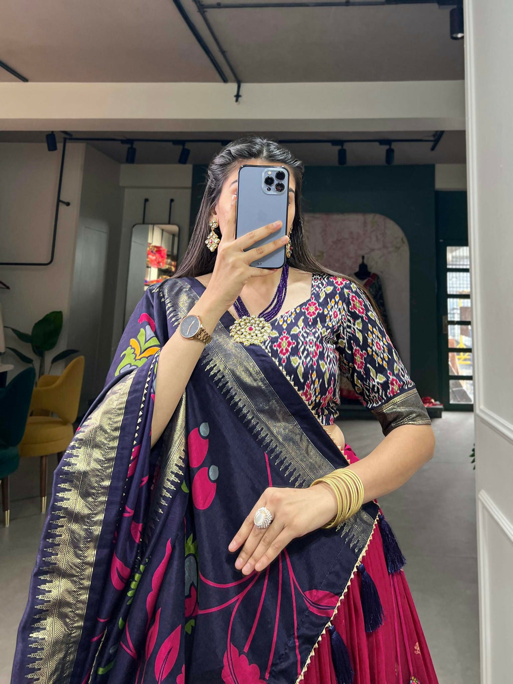 Vastranavya Stunning Look Tussar Silk Printed With Foil Work Indian Lehenga Choli - Pink | Grocsy