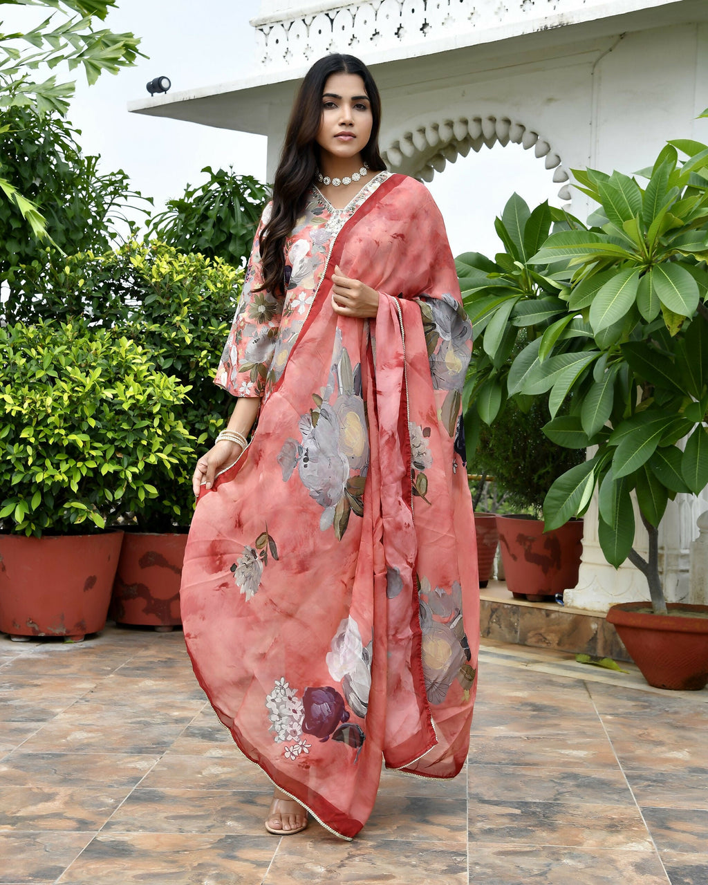 Vaasva Women's Rust Tissue Gota Embroidered Suit Set With Solid Pant And Embroidered Dupatta | Grocsy
