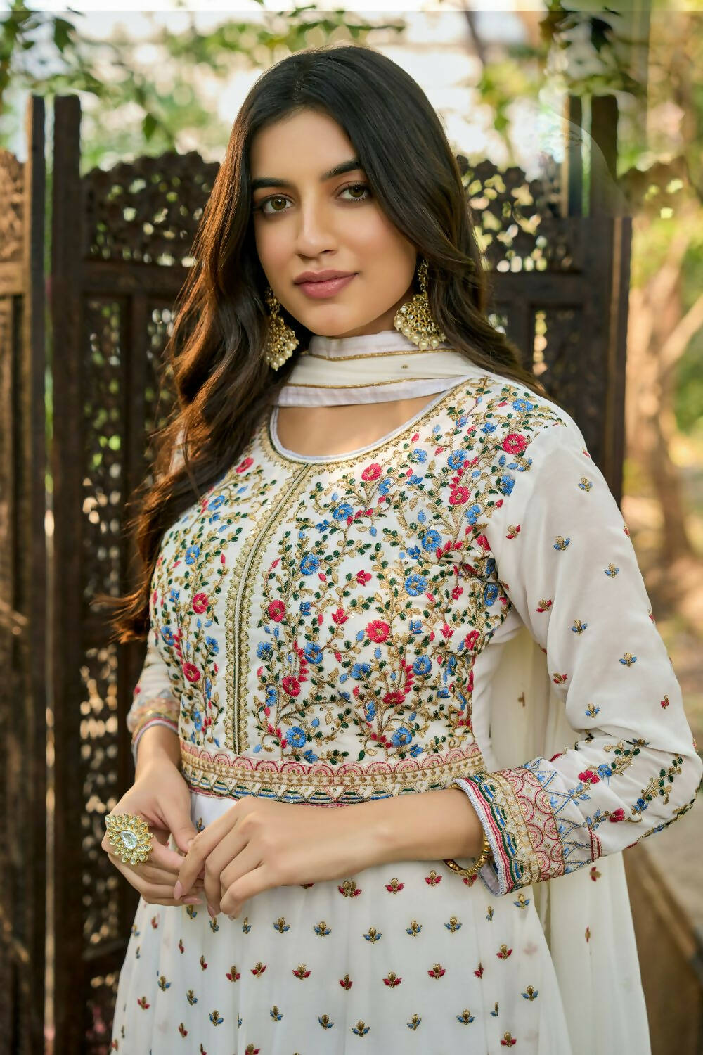 White Heavy Faux Georgette Anarkali Embroidered Kurta Set - Dhvani | Grocsy