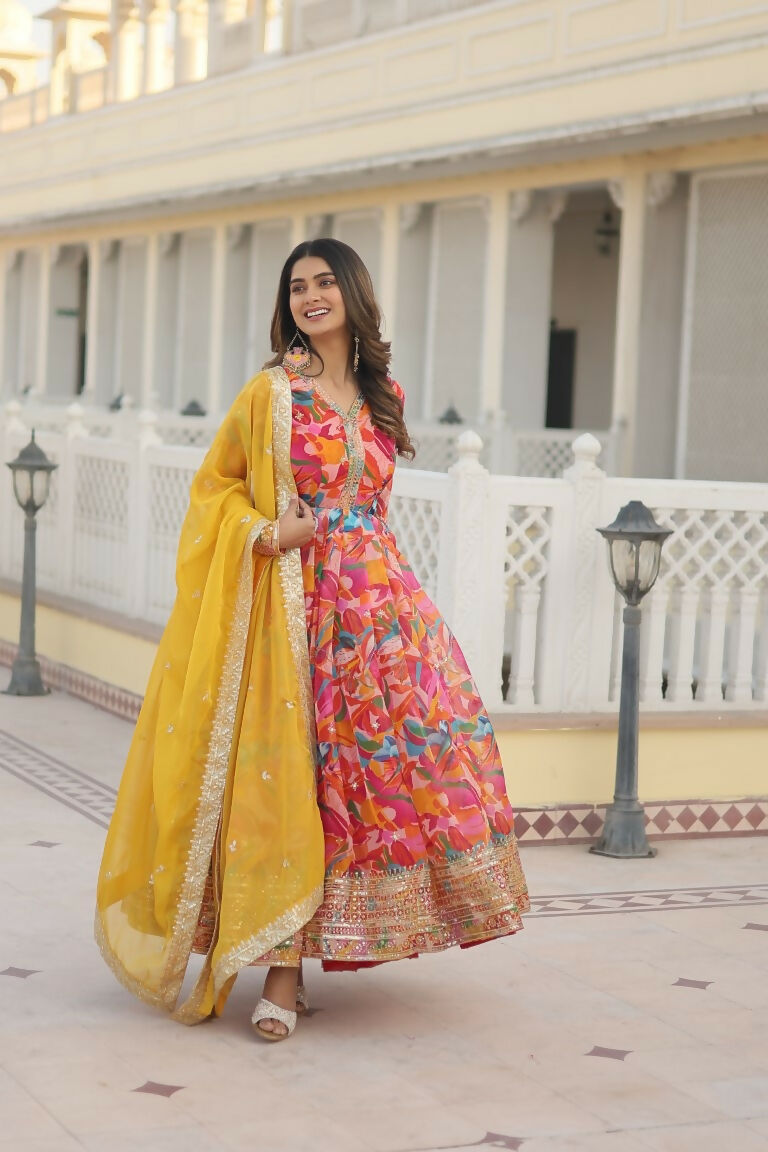 Jyoti Fashion Women's Pink Russian Silk Sequins Zari Embroideredy Anarkali Dress with Dupatta | Grocsy