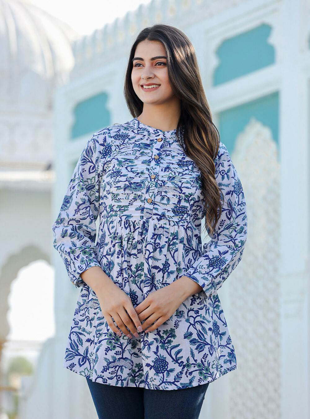 Kaajh Women's White-Blue Hand Block Printed Cotton Top | Grocsy