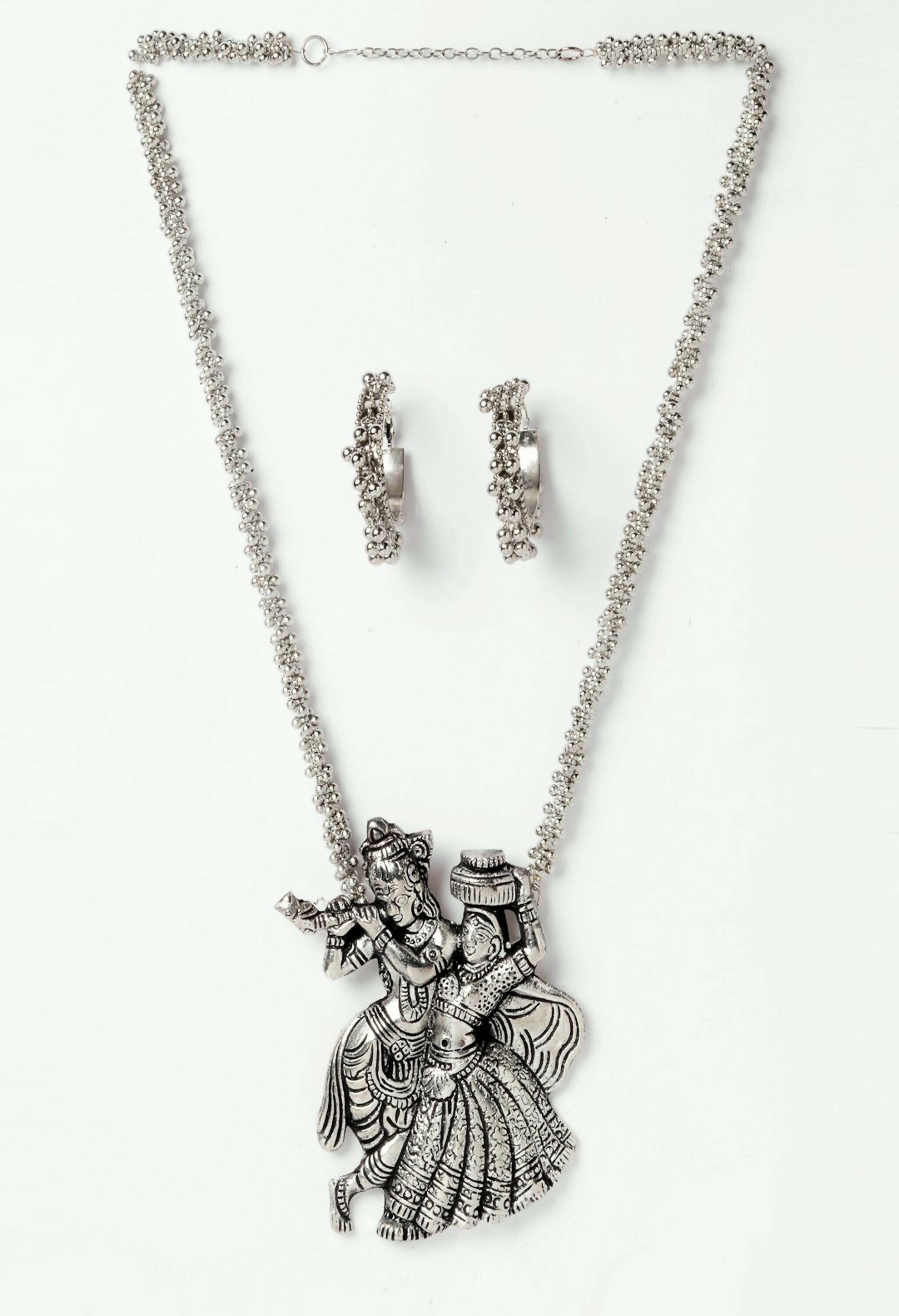 Mominos Fashion Johar Kamal Women Silver-Plated Brass Finish Radha Kishan Long Neckalce Combo Set