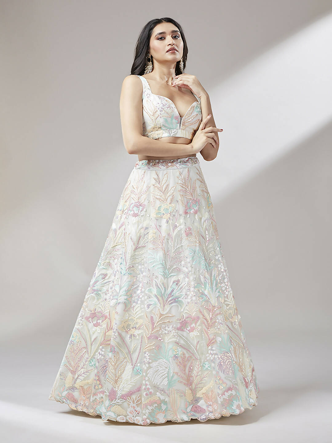 House of Panchhi Cream Net Sequinse Work Lehenga & Blouse with Dupatta | Grocsy