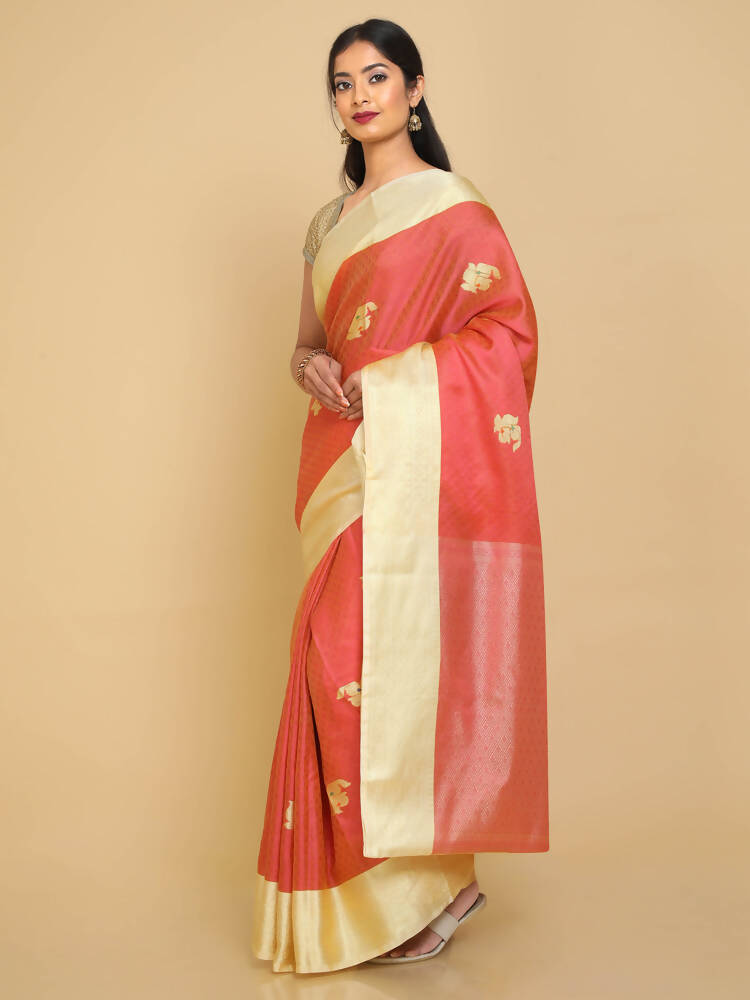 Kalamandir Floral Peach Silk Blend Saree | Grocsy