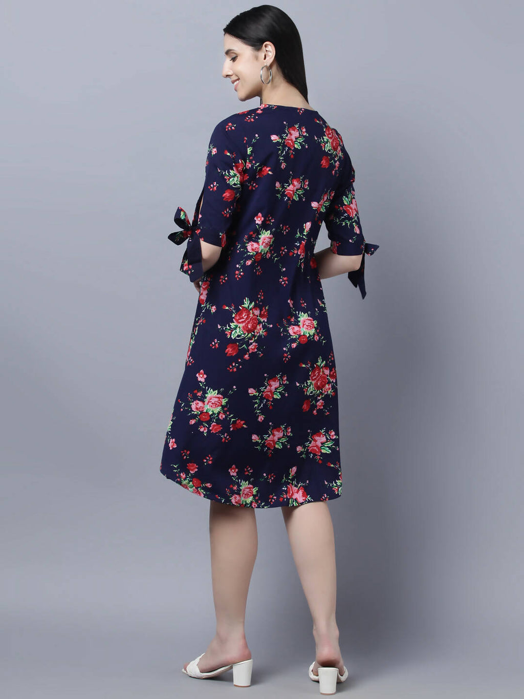 Myshka Women Navy Blue Pink Floral Print A-line Dress | Grocsy