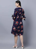 Myshka Women Navy Blue Pink Floral Print A-line Dress | Grocsy