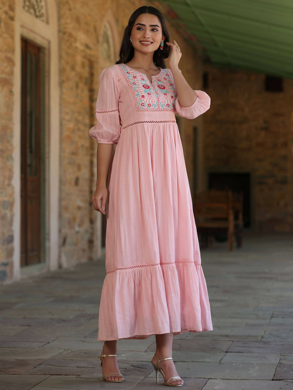 Juniper Women's Pink Cotton Dobby Embroidered Flared Dress | Grocsy