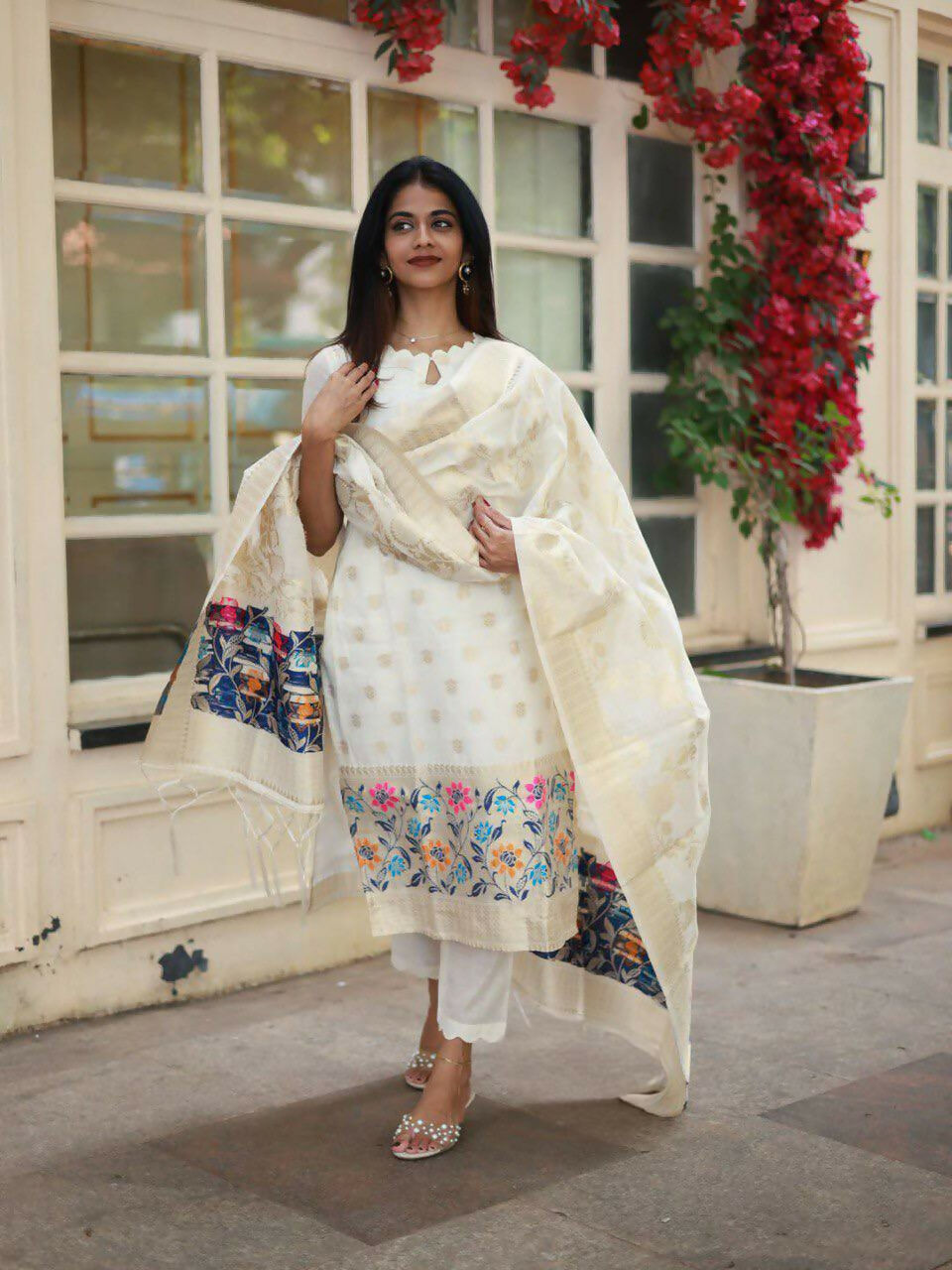 The52 White Women's Beautiful Viscose Jacquard Fabric Printed Work Straight Kurta Pant and Dupatta Set | Grocsy