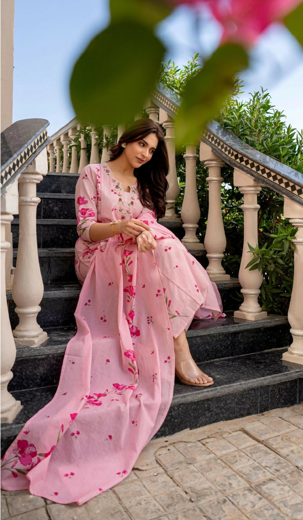The52 Pink Women's Beautiful Chanderi Fabric Printed Work Straight Kurta Pant and Dupatta Set | Grocsy