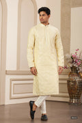 Raivat Ethnic Men's Art Silk Thread Work Kurta Pyjama In Yellow Colour | Grocsy