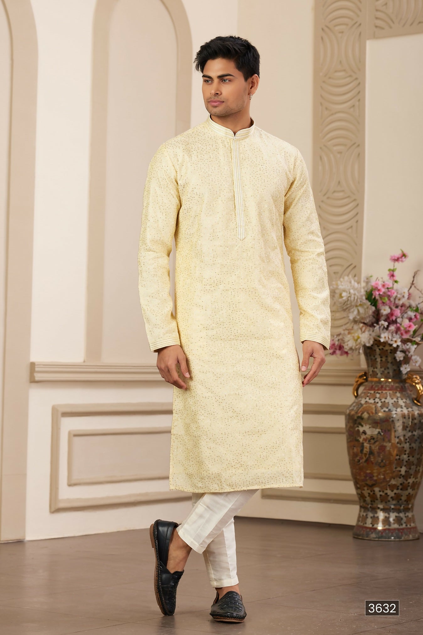 Raivat Ethnic Men's Art Silk Thread Work Kurta Pyjama In Yellow Colour | Grocsy