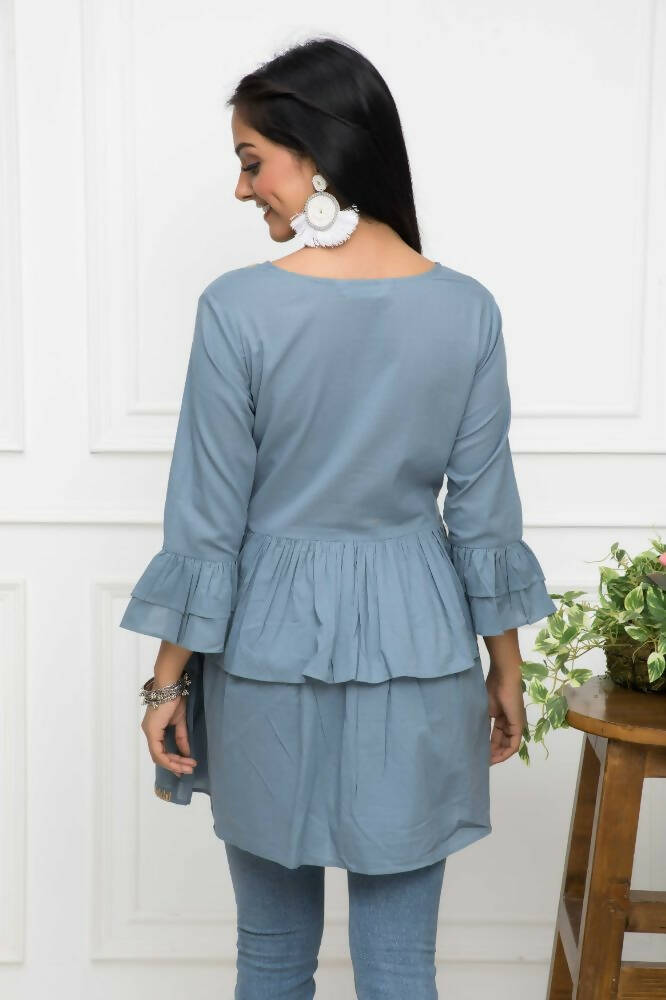 Myshka Women Grey Solid Round Neck Flared Sleeves Pure Cotton Top | Grocsy