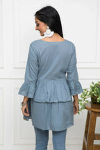Myshka Women Grey Solid Round Neck Flared Sleeves Pure Cotton Top | Grocsy