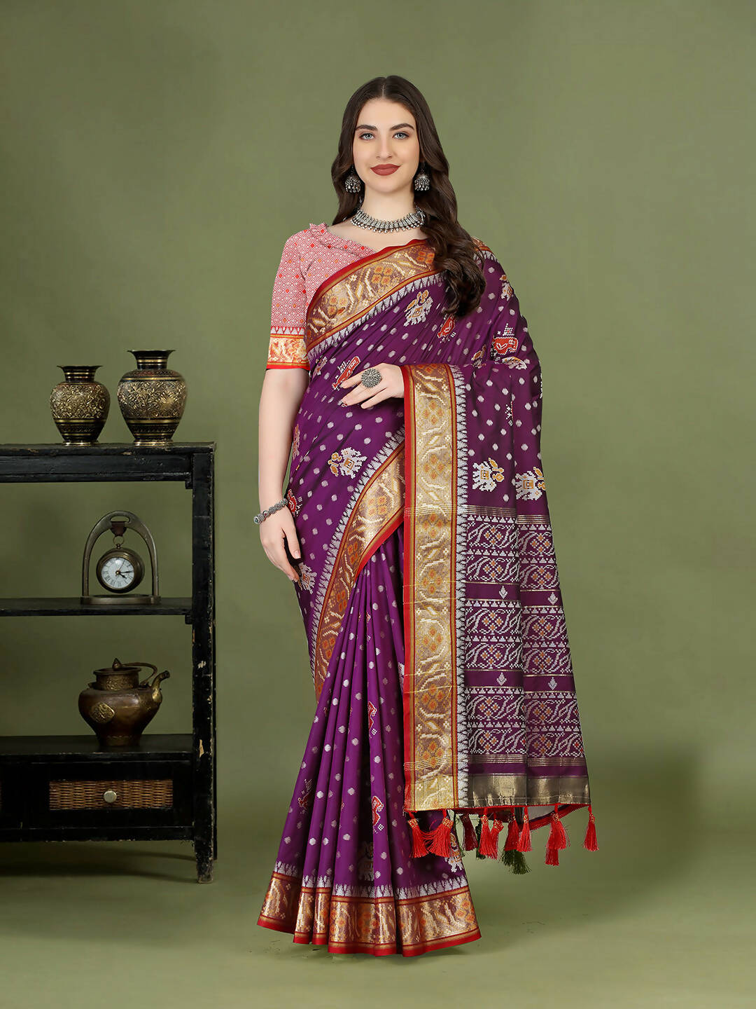 Lorenvalley Fashion Purple Patola Silk Woven Design Zari Meenakari Weaving Saree | Grocsy