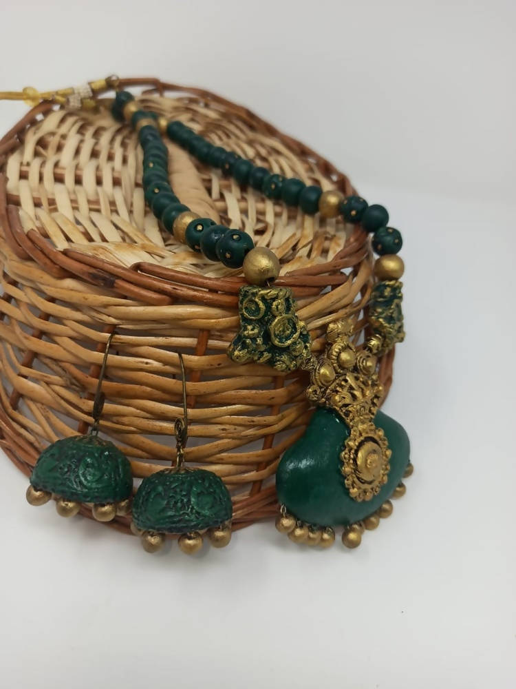 Terracotta Dark Green Crown Pendant Long Necklace Set Paired with Hanging Temple Jhumkas | Grocsy