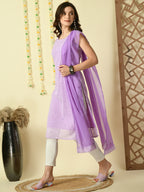 Myshka Women's Lavender Georgette Sleeveless Straight Party Kurta With Dupatta Set | Grocsy