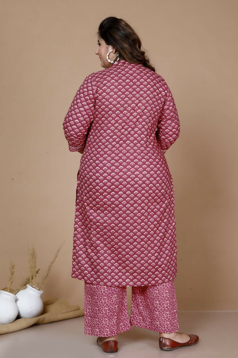 Miravan Women's Plus Size Pink Straight Floral Printed Kurta & Palazzo With Dupatta Set | Grocsy