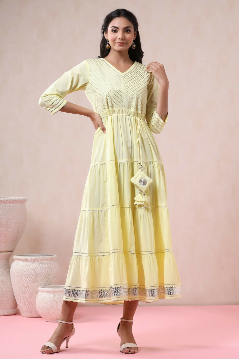 Juniper Yellow Solid Pure Cotton Solid Tiered Maxi Dress With Gota Work Dori Tie-Up & Cushioned Tassels At Waist | Grocsy