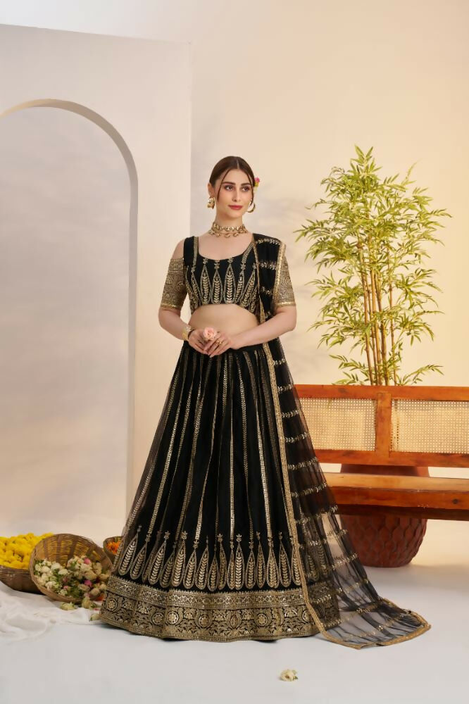 Aastha Fashion Black Butterfly Net Zari Work And Cotton Thread Work And Sequence Work Embroidery Wedding Wear Lehenga Choli | Grocsy