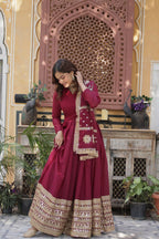 Vastranavya Star Georgette with Embroidery Zari Sequins-work Gown & Dupatta - Maroon | Grocsy