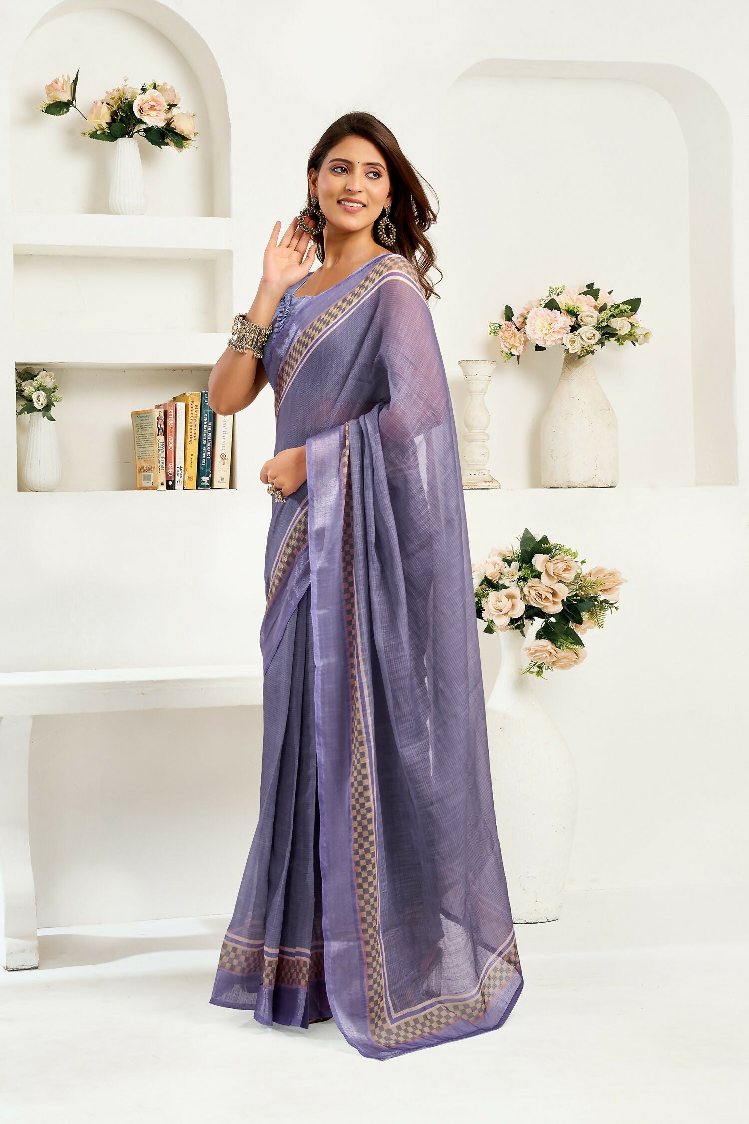 Joban Fashion Lavender Striped Linen Ready To Wear Saree With Unstitched Blouse | Grocsy