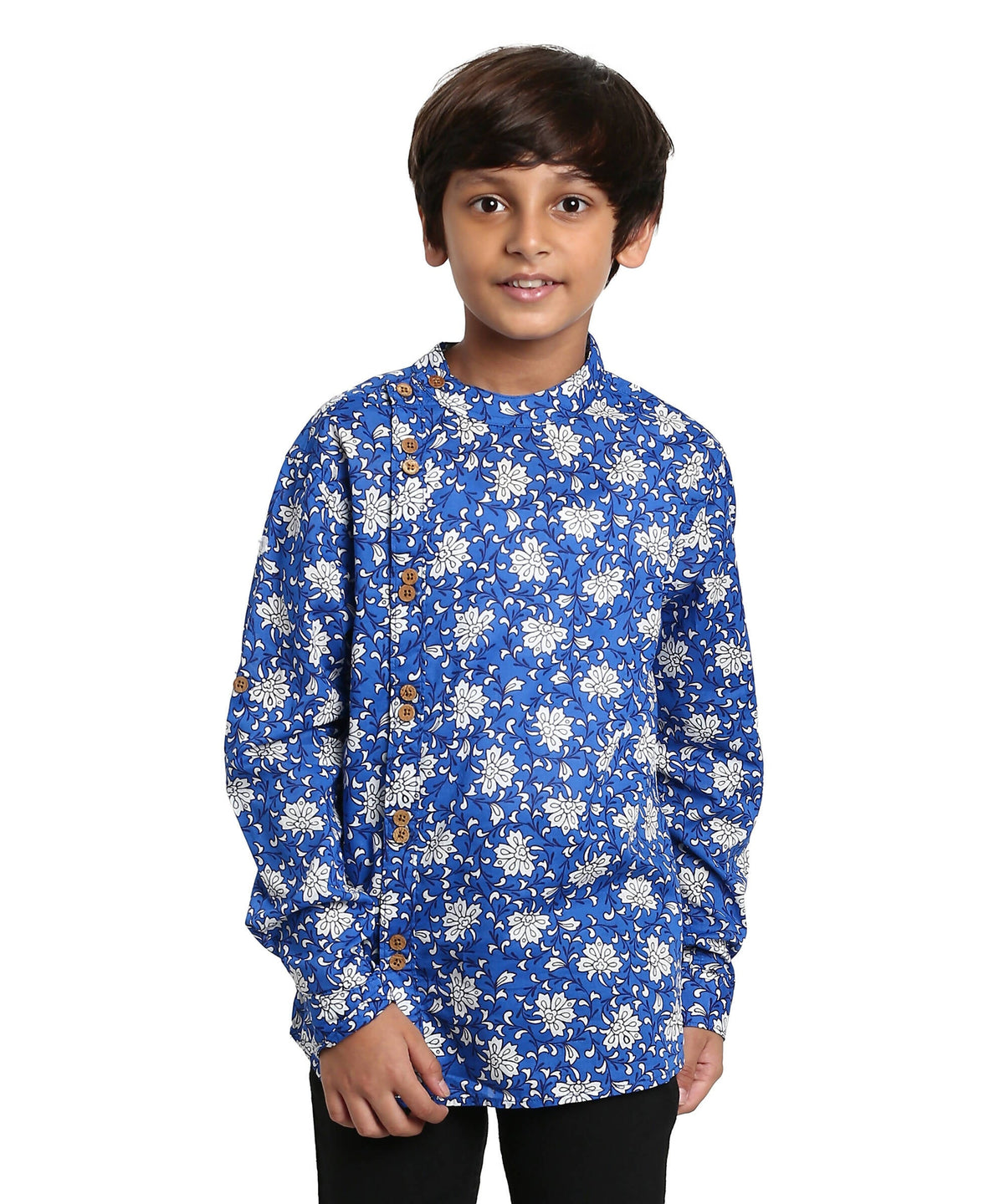 Manet Boys Full Sleeves Flower Printed Ethnic Shirt - Blue | Grocsy