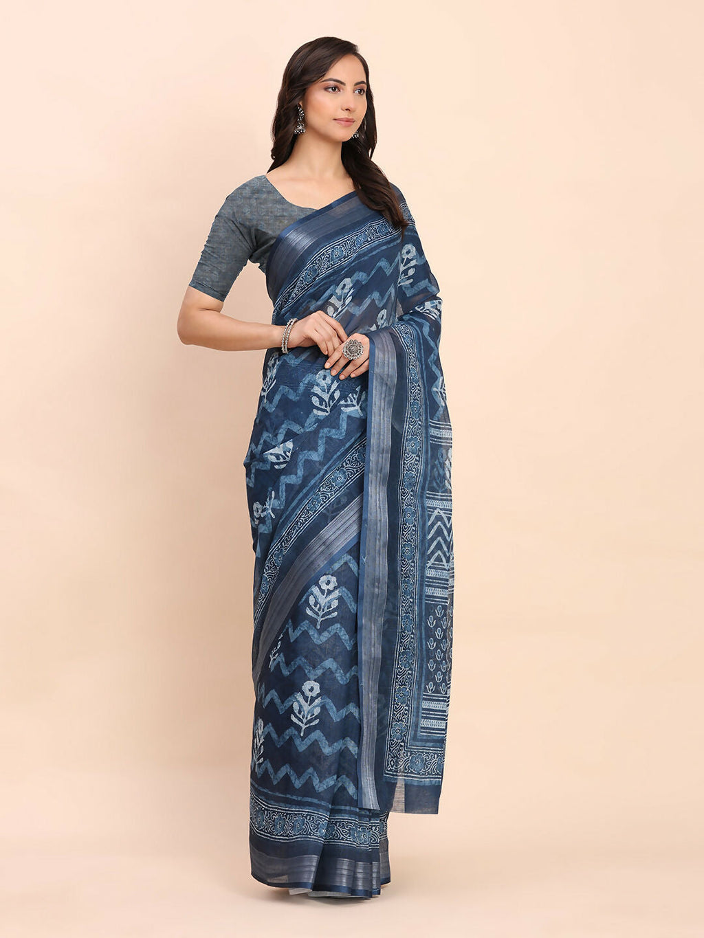 Shree Shyam Fashion Linen Cotton Indigo Blue Saree | Grocsy