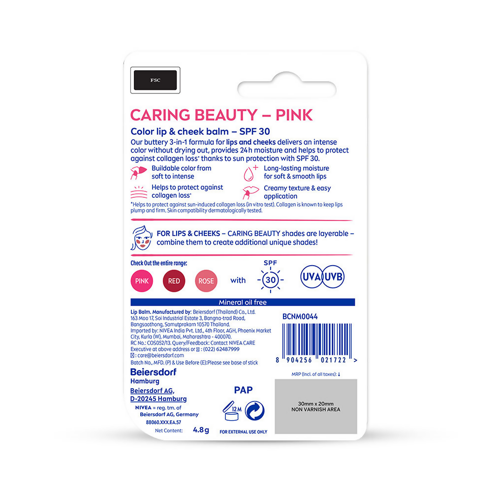 Nivea Lip Caring Beauty Red Lip Balm With SPF 30 - Pink | Grocsy