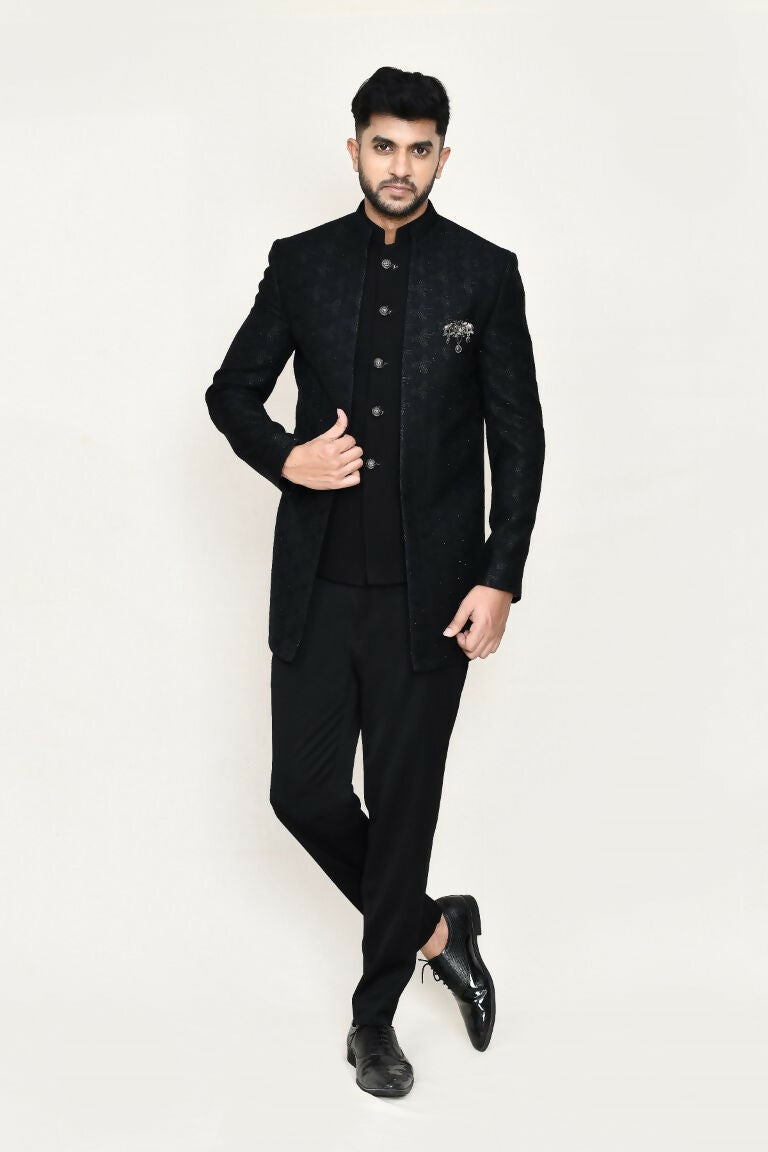 Joban Fashion Black Colored Imported Jacquard Fabric Open Prince Coat, Jacket With Pant | Grocsy