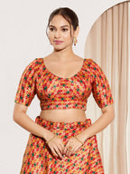 Joban Fashion Red Jacquard Padded Blouse With Round Neck Elbow Sleeves | Grocsy
