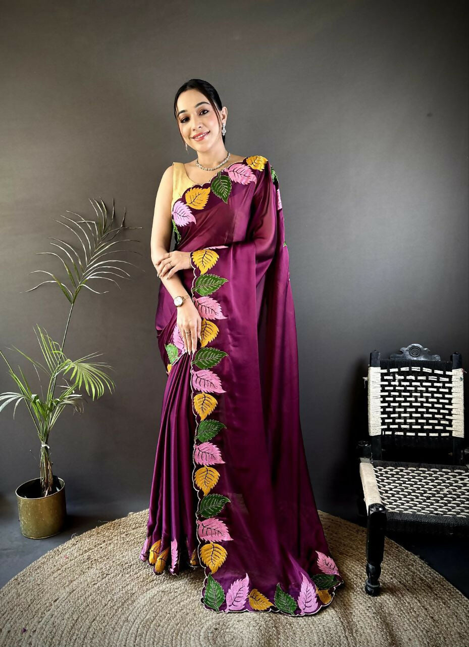 Prime Volt Multicolor Leaf Embroidery Rangoli Silk Saree with Scalloped Border-Purple | Grocsy