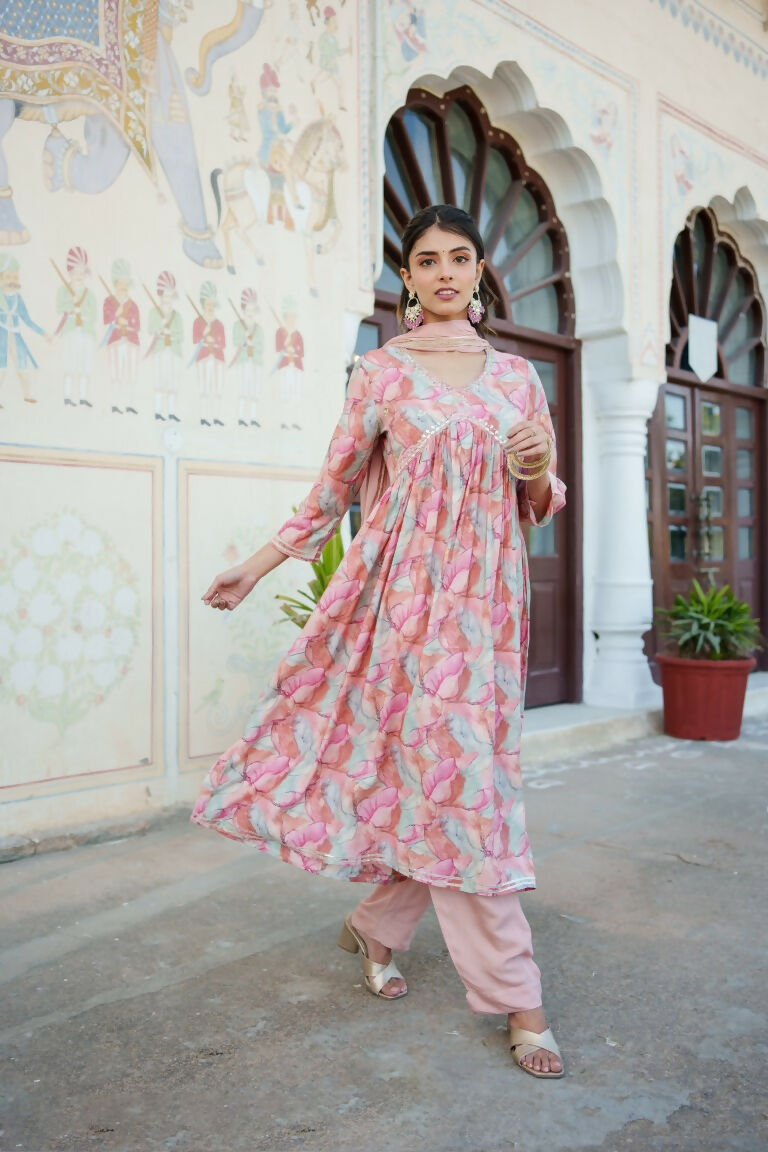 Vaasva Women Peach Muslin Embroidered Kurta, Pant & Dupatta Set | Grocsy