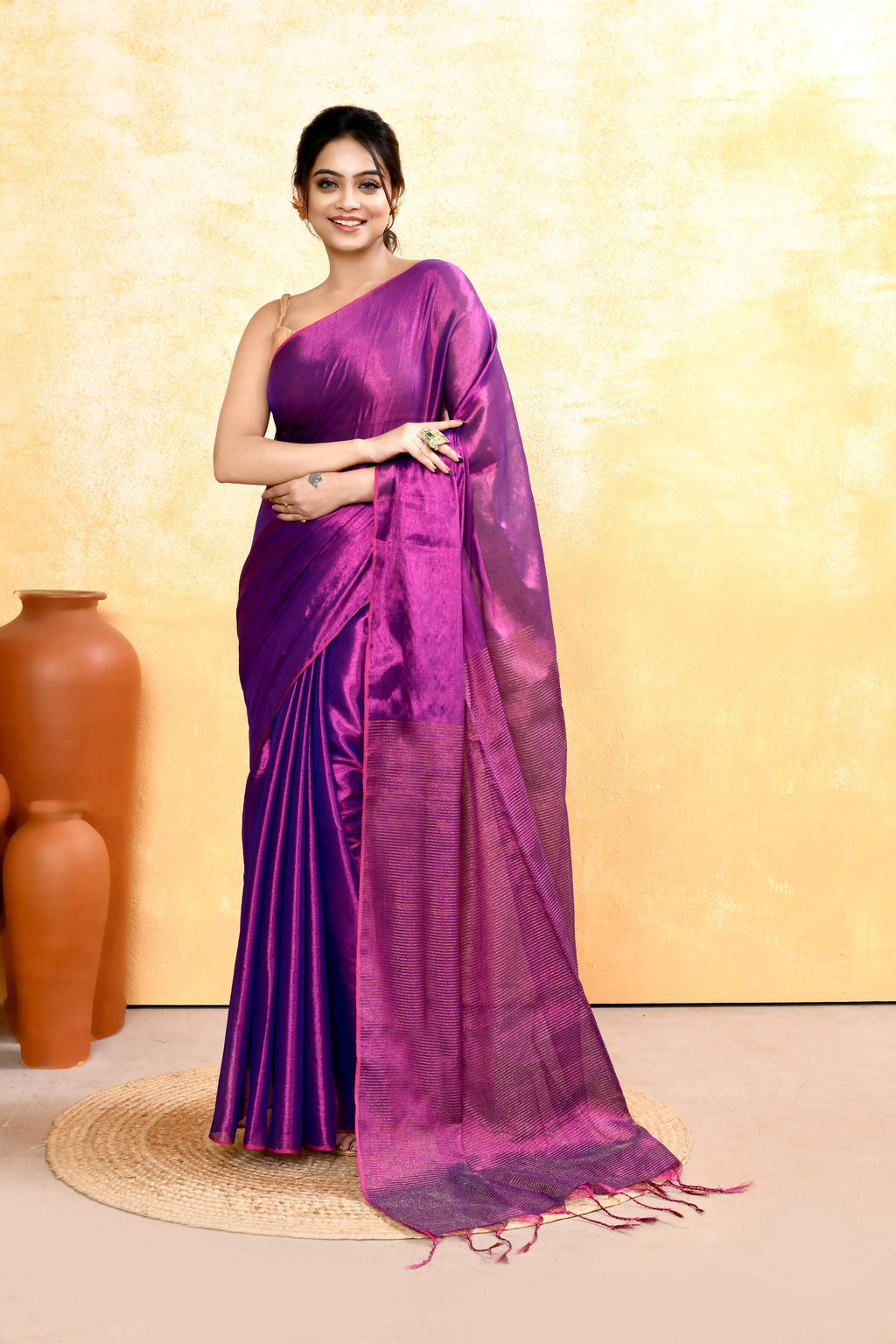 Piyari Fashion Women's Violet Dual Tone Organic Tissue Saree With Blouse Piece | Grocsy