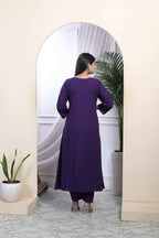 Miravan Women's Purple Embroidered Sweetheart Neck & Accordion Pleated Solid A-Line Kurta And Palazzo Set | Grocsy