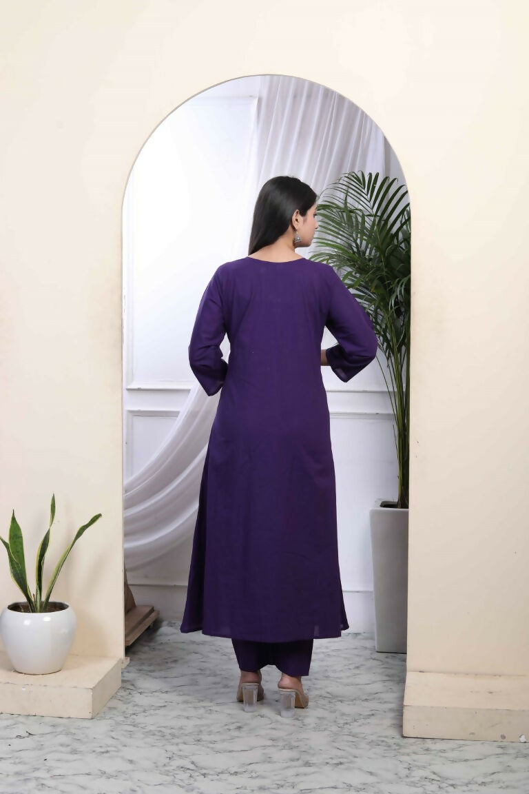 Miravan Women's Purple Embroidered Sweetheart Neck & Accordion Pleated Solid A-Line Kurta And Palazzo Set | Grocsy