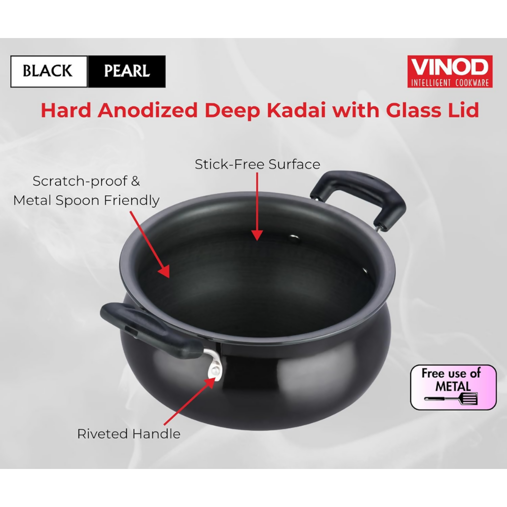 Vinod Black Pearl Hard Anodised Non Stick Handi with Lid | Grocsy