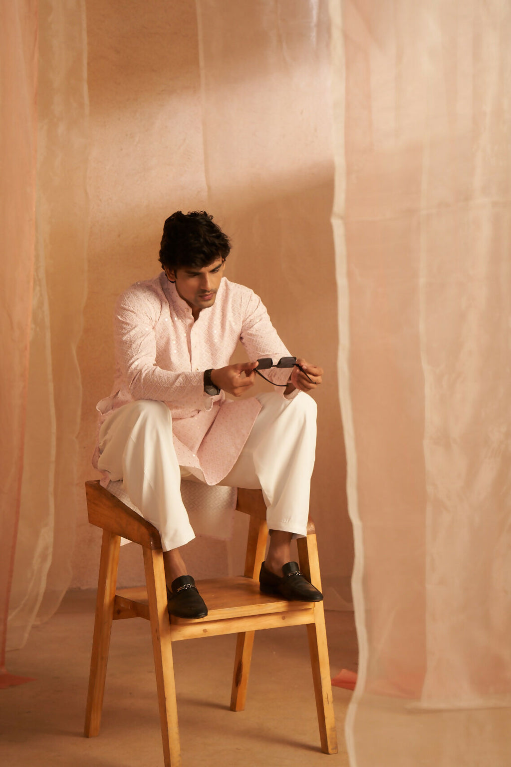 Pink Viscose Chikankari Embroidery Work Men's Kurta Set - Mahotsav | Grocsy