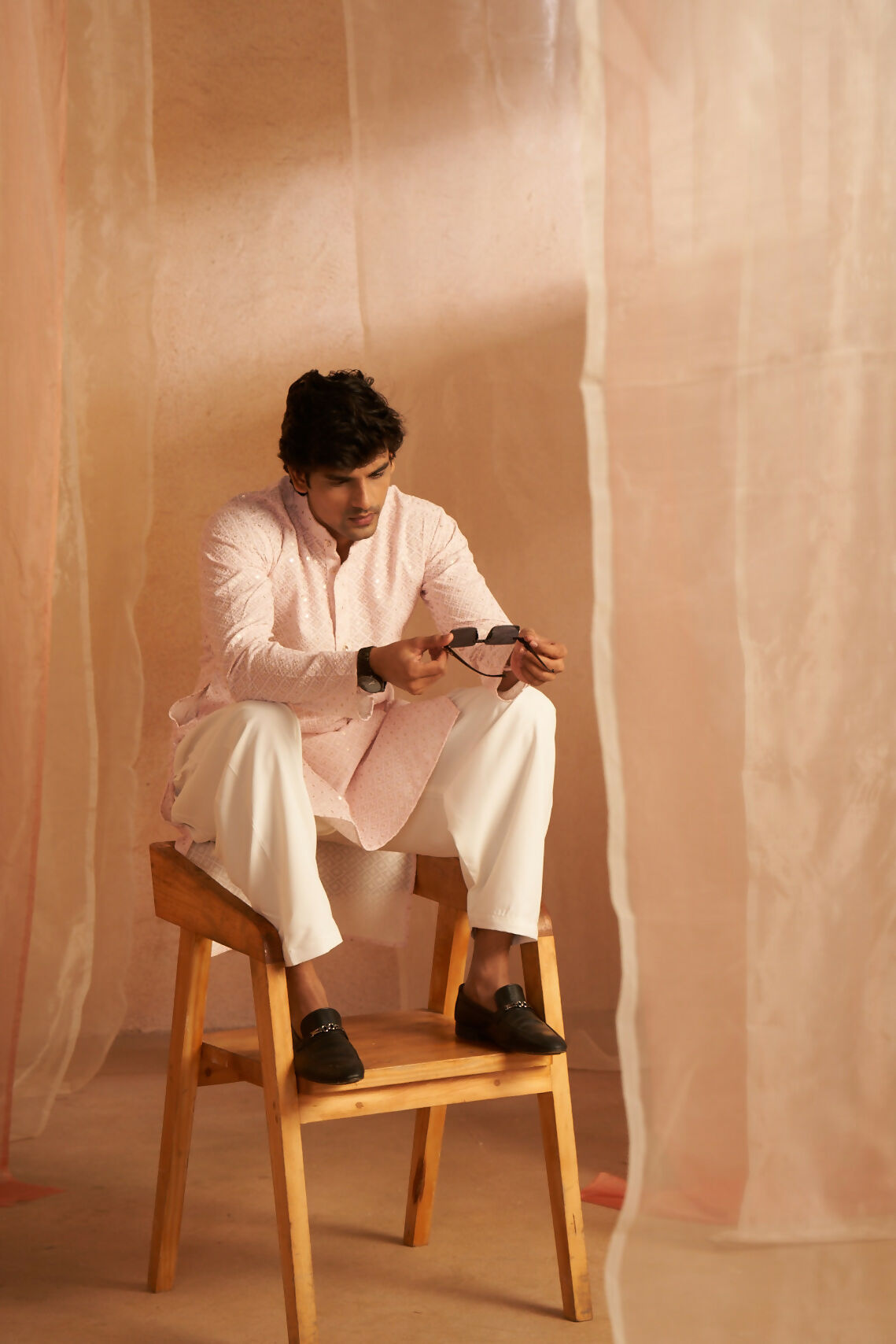 Pink Viscose Chikankari Embroidery Work Men's Kurta Set - Mahotsav | Grocsy