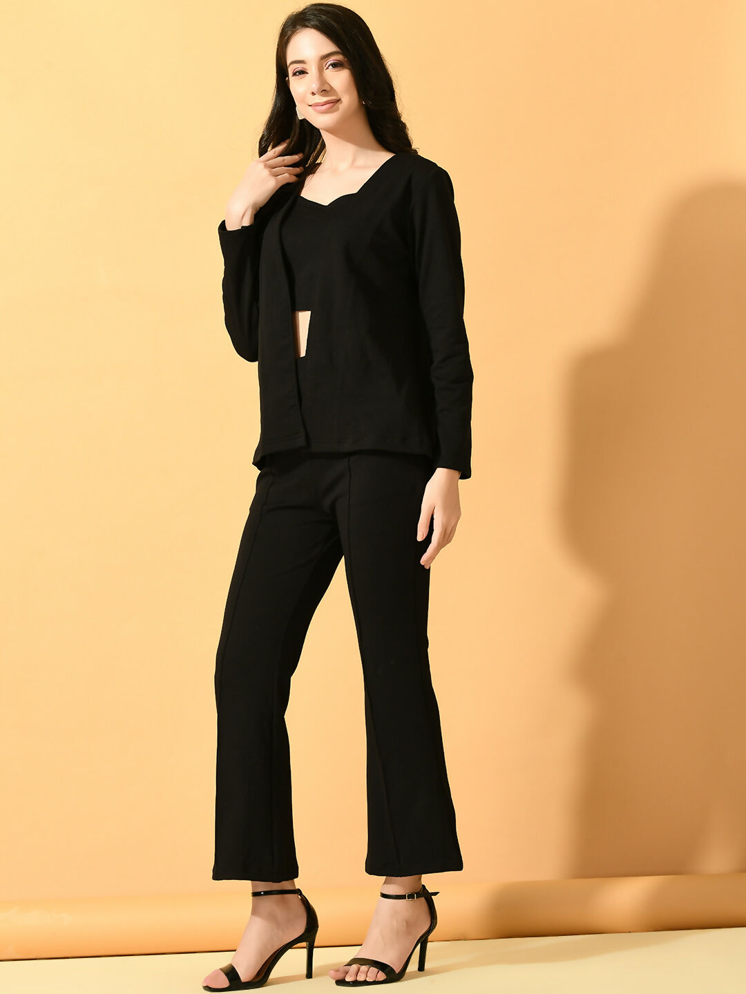 Myshka Women's Black Solid Coat With Trousers | Grocsy