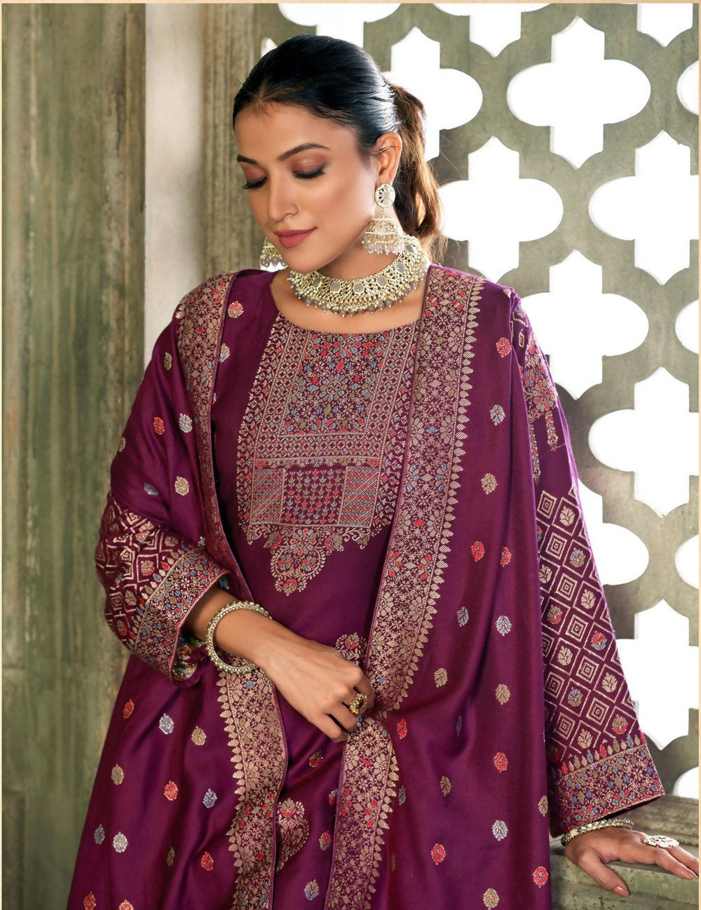 Purple Viscose Pasmina Mina Work Kurta & Bottom with Dupatta - Paridhi | Grocsy