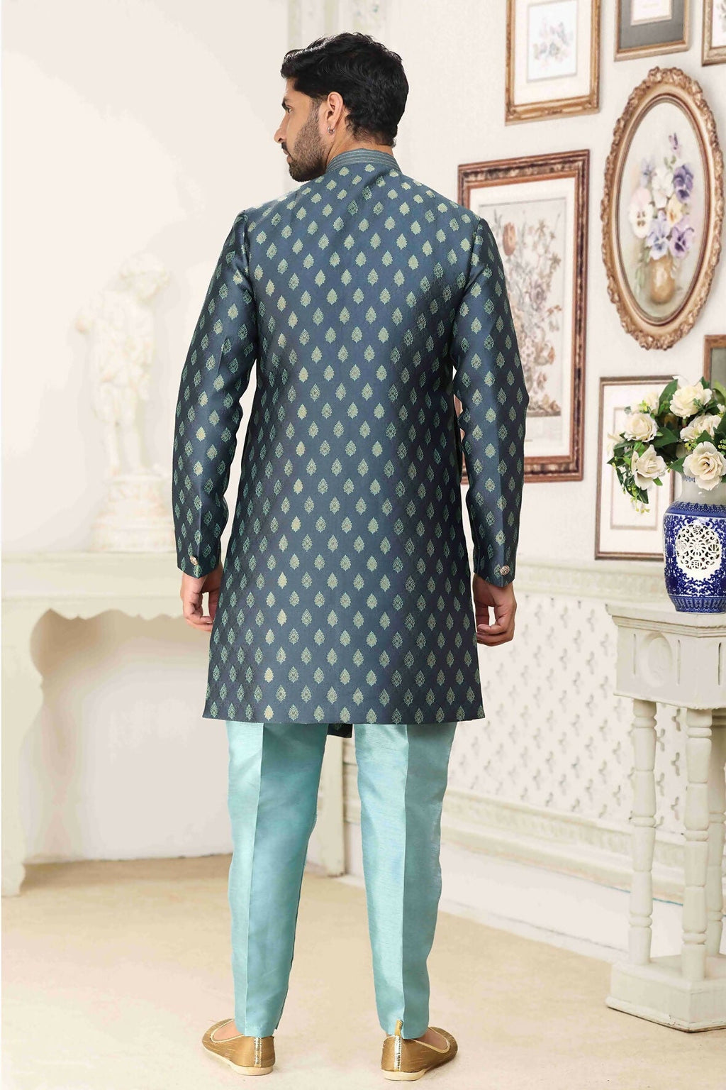 Raivat Ethnic Banarasi Jacquard Embroidery Semi Indo Western Sherwani In Grey Blue Colour | Grocsy