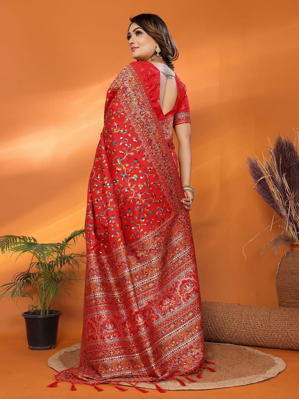 Joban Fashion Red Meena Weaves Pashmina Sarees | Grocsy