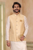 Raivat Ethnic Jacquard Banarasi Silk Woven Work 3 Pics Jacket Set In Beige Colour | Grocsy
