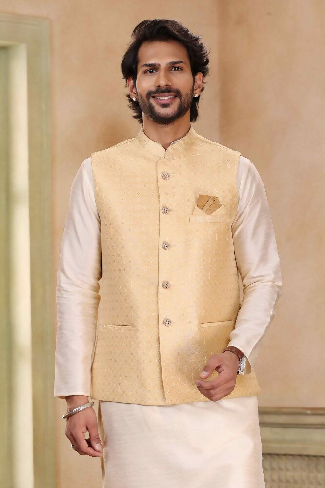 Raivat Ethnic Jacquard Banarasi Silk Woven Work 3 Pics Jacket Set In Beige Colour | Grocsy