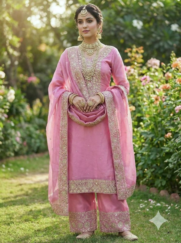 Teeya Creation Baby Pink Color Fendy Silk Embroidery Work Wedding Wear Salwar Suit | Grocsy